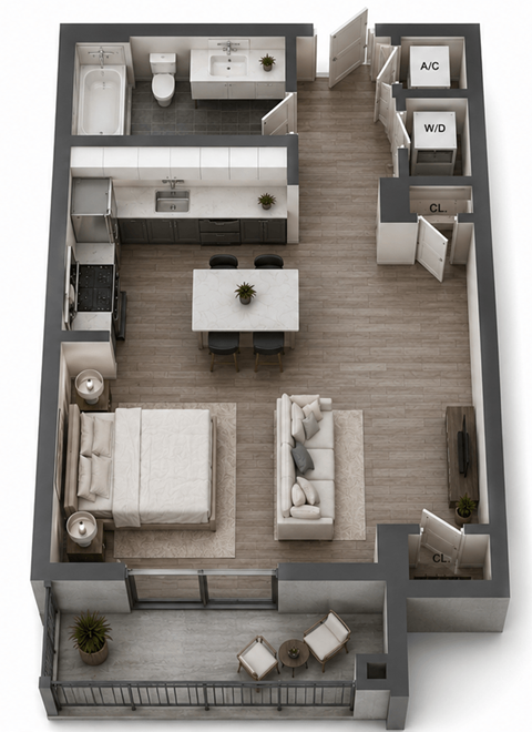 Floor plan for studio, 1 bath, 527 sqft
